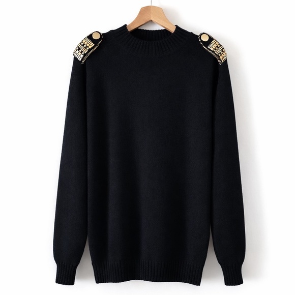 St. John Collection by Marie Gray Black Knit Sweater Gold Military Shoulder Sz M - Picture 6 of 7